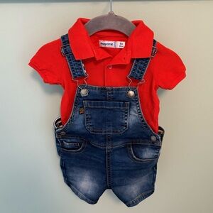Mayoral Red Polo with Denim Overalls